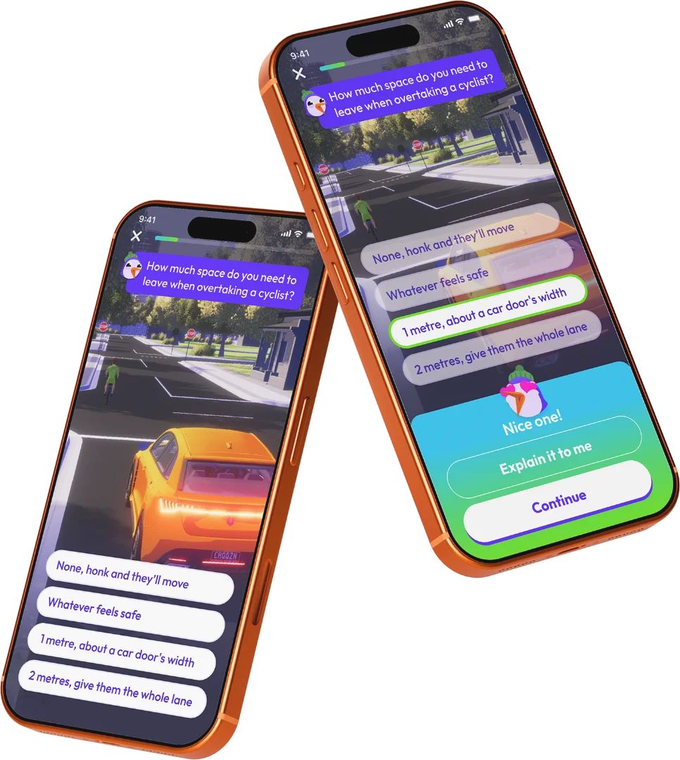 Two phones side by side showing a Croozn lesson and the daily streak screen
